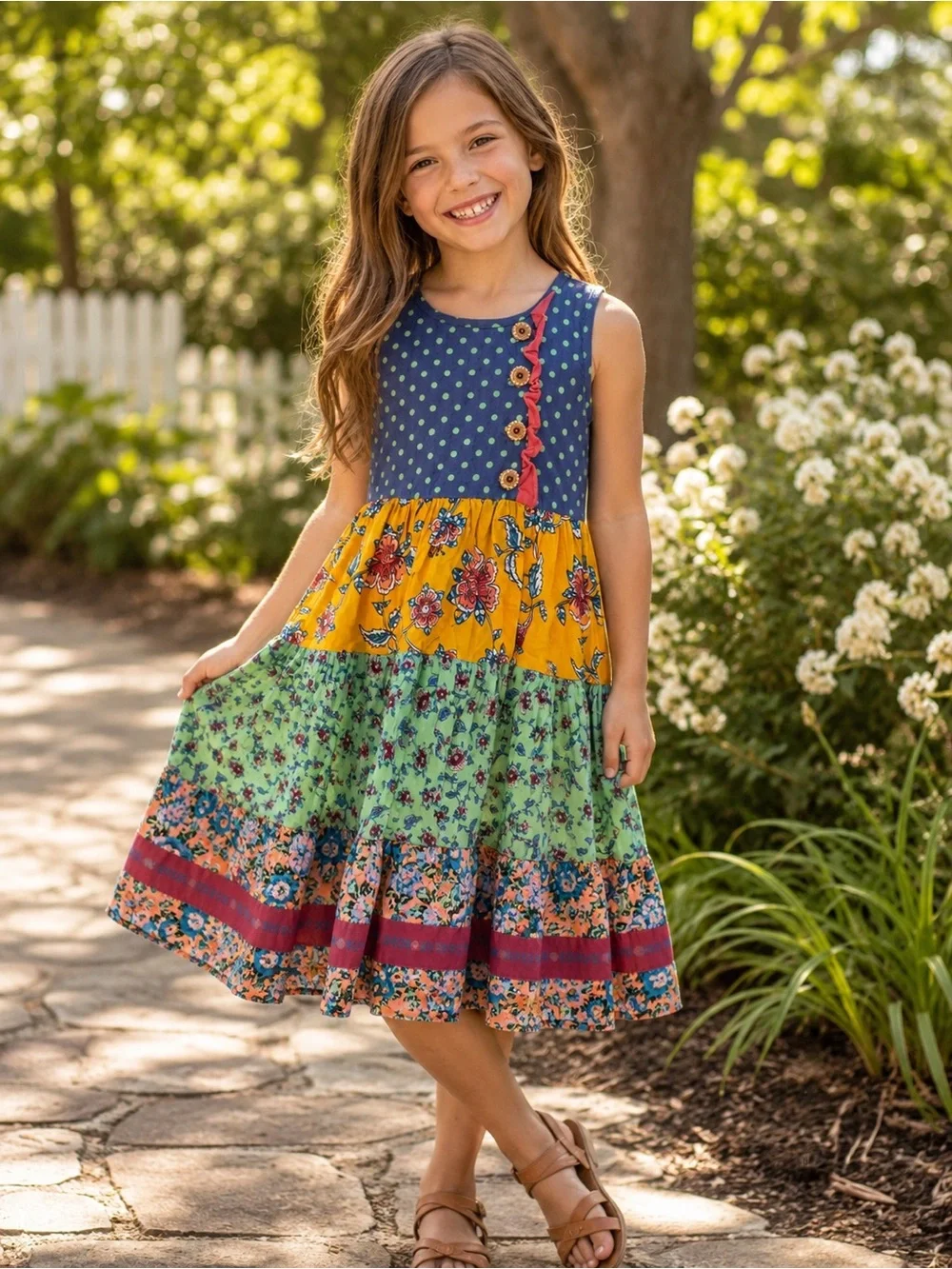 Matilda Jane Polka Dot & Floral Tiered Dress in Navy, Yellow, Green boho